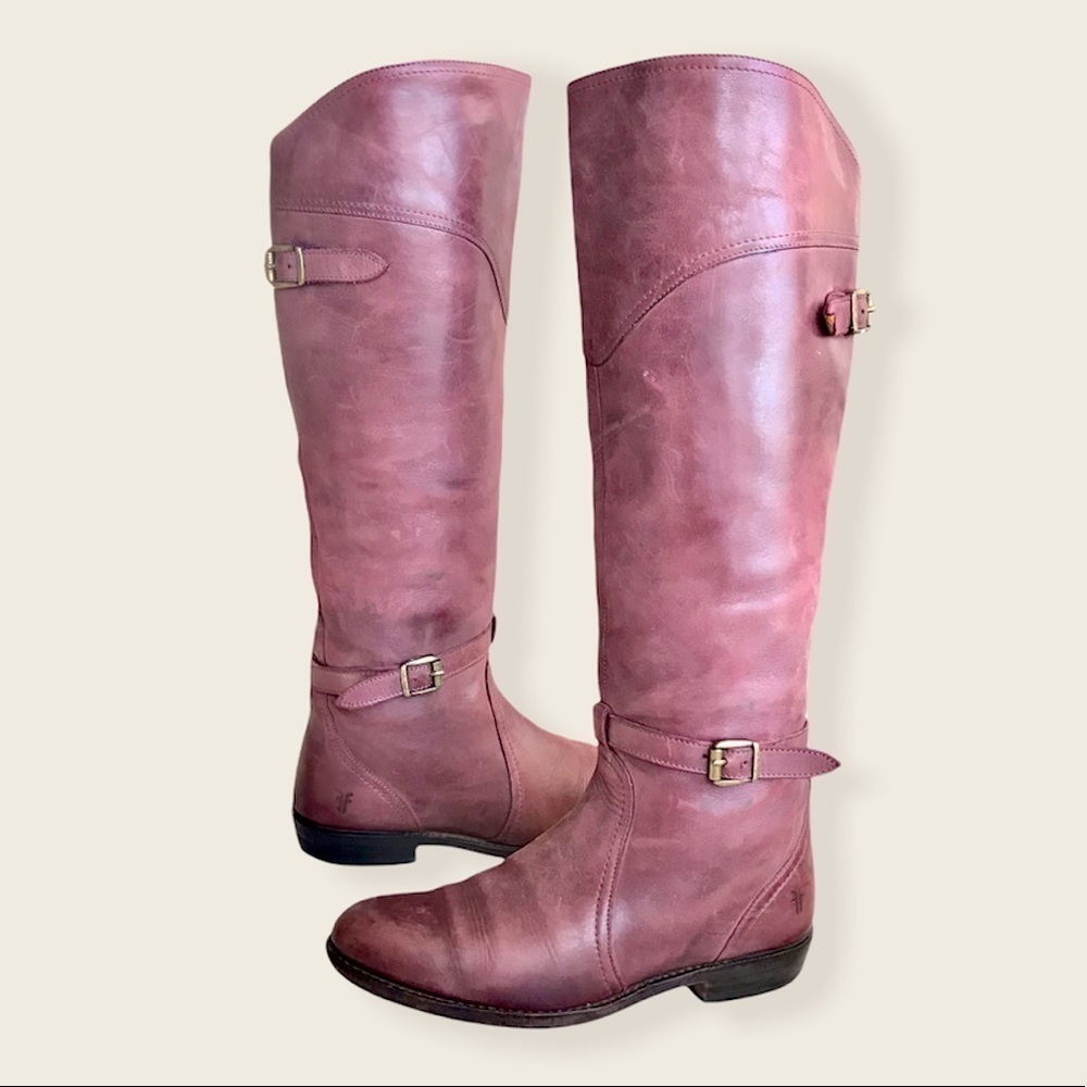 Frye Dorado Polished Genuine Leather Bordeaux/Light Red Knee High Riding… - Picture 10 of 16